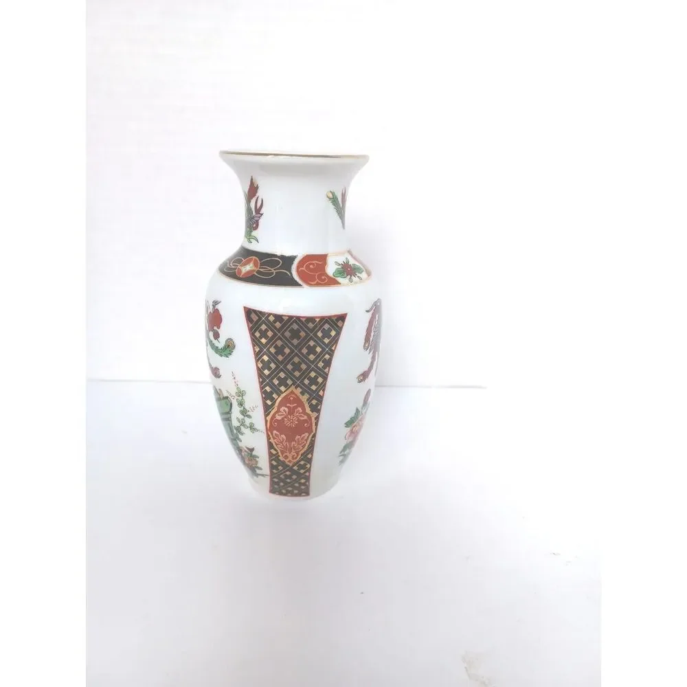 Vintage Japanese Porcelain‎ Bud Vase Phoenix Carriage Gilt Detail White 6 Inch